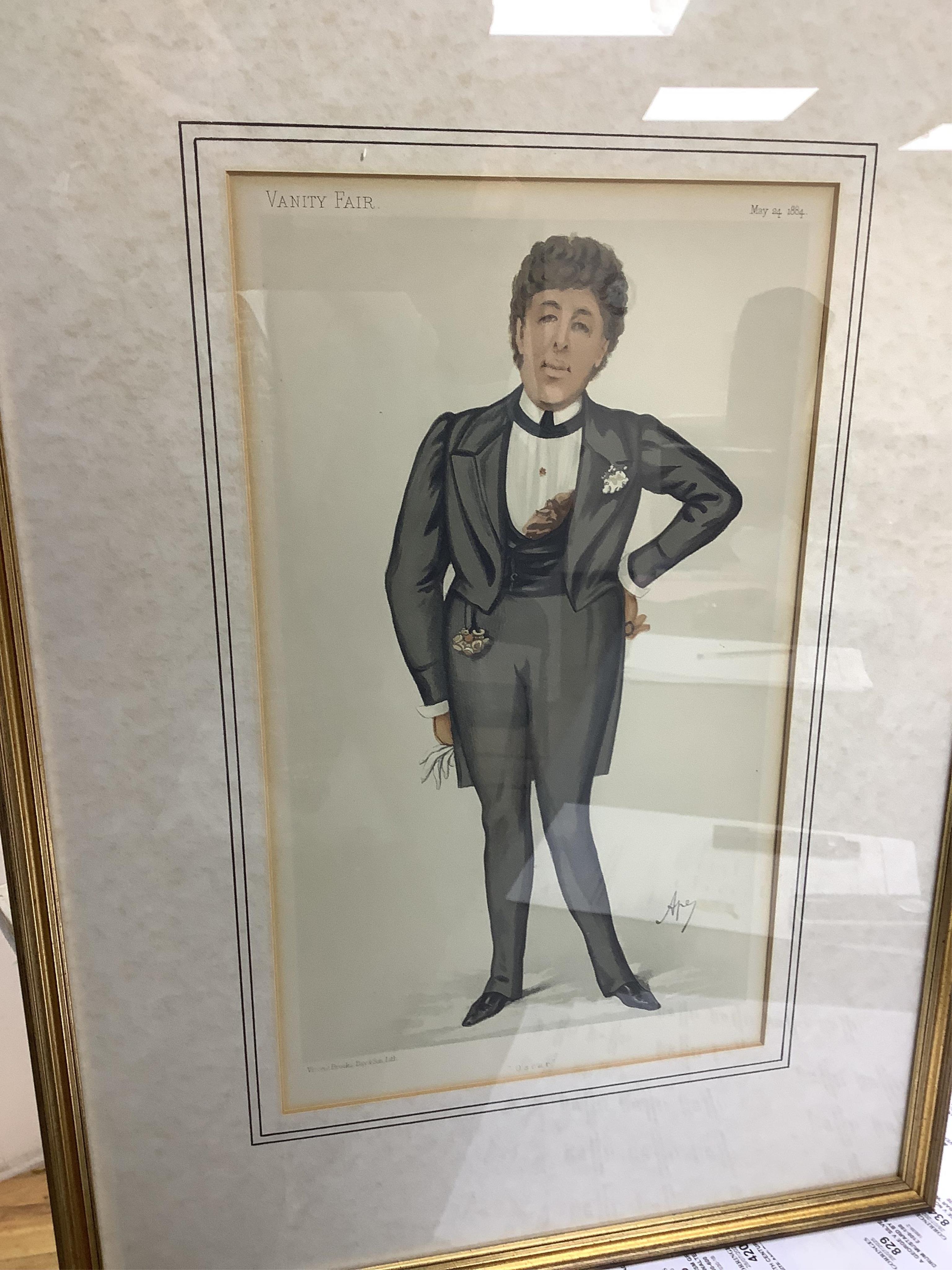 Spy (Leslie Matthew Ward, 1851-1922), Eight Vanity Fair lithographic cartoons, ‘Anti Rent’, ‘a younger son’, ‘Oscar’, ‘Currency’, ‘The Irish Secretary’, ‘Queen Hardie’, and K.S. Ranjitsihji, Sarah Berhnardt, 34 x 20cm